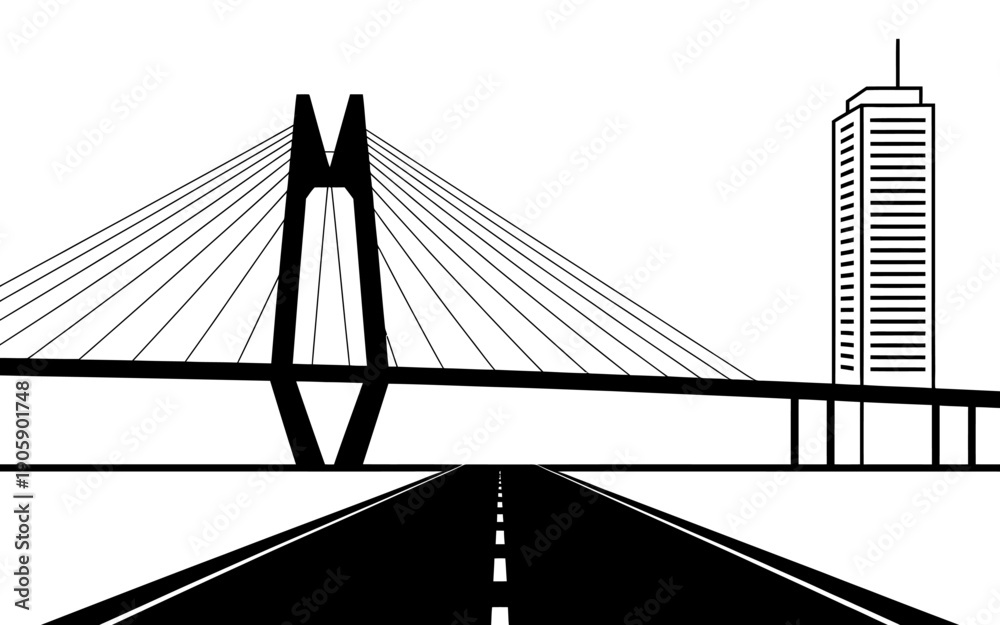 Obraz premium Cable stayed bridge and skyscraper with empty road perspective lines