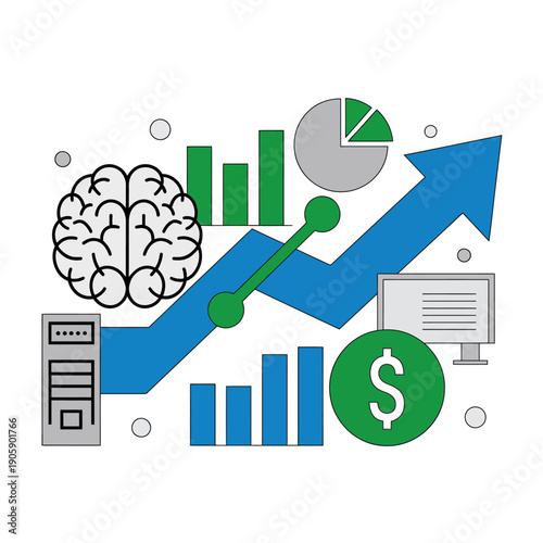 Business finance growth concept with brain and computer graphics rising arrow charts