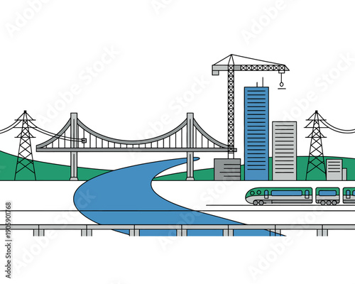 Cityscape with bridge river train and buildings under construction  urban landscape