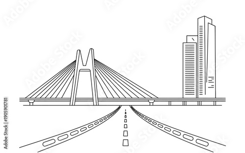 Cityscape with a large cablestayed bridge and skyscraper  urban landscape