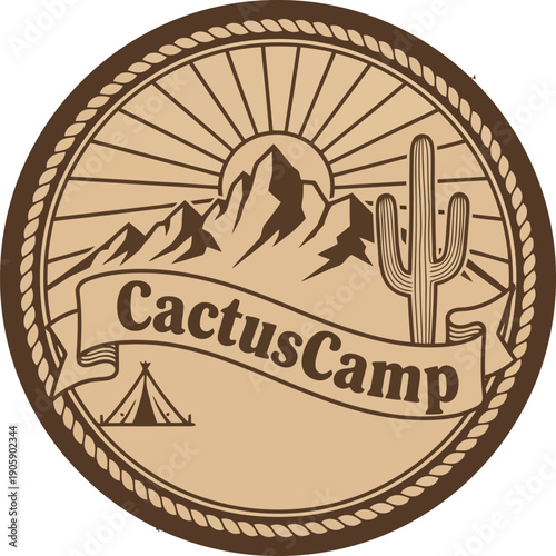 Vintage Adventurous Camp Logo Illustration with Mountains and Cactus Vector Illustration