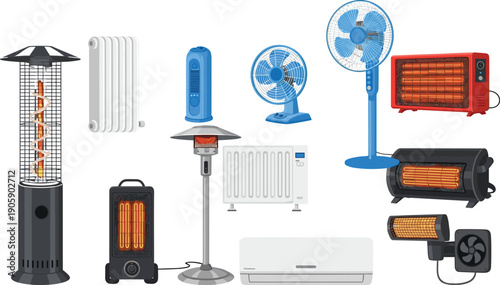 Home heating and cooling appliances collection illustration featuring electric heaters, infrared warmers, radiators, fans, and air conditioner for indoor climate control