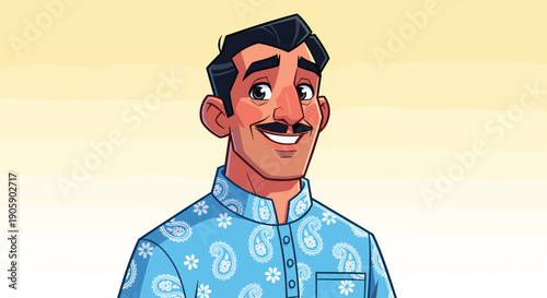 Cheerful Cartoon Portrait of a Smiling Man in Traditional Indian Attire: A Vibrant and Culturally Rich Illustration for Festive Occasions and Celebrations