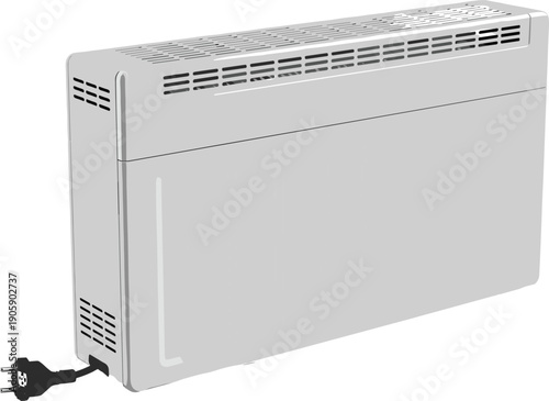 Modern electric wall heater panel with power plug, minimalist home heating appliance isolated on white background for indoor energy efficient use