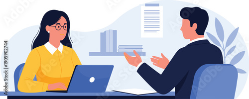 Job Interview Illustration: A Young Woman at a Laptop Meets a Businessman in a Corporate Setting, Discussing Business and Career Opportunities with Calm Professionalism