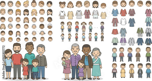 Diverse Cartoon People Set: Mix and Match Faces, Clothing, and Families for Engaging Visual Storytelling in Presentations, Educational Materials, and Inclusive Design Projects