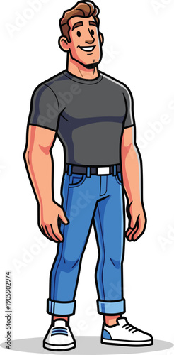 Confident Cartoon Man in Casual Wear: A Character Design for Explainer Videos, Marketing, and Educational Content Featuring a Friendly Man