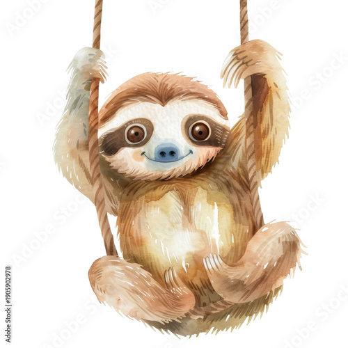 Cute cartoon sloth hanging on a rope in a whimsical design