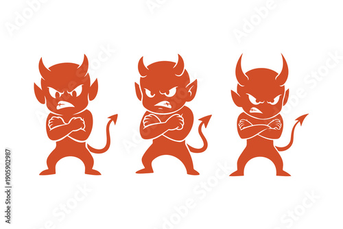 Angry devil Demon Cartoon characters with arms crossed, flat design different Attitude emotions illustration.