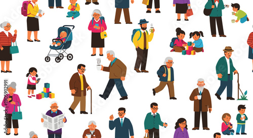 Lively Community Seamless Pattern: Diverse Generations Enjoying City Life with Children, Adults, and Seniors in a Vector Background Suitable for Creative Projects