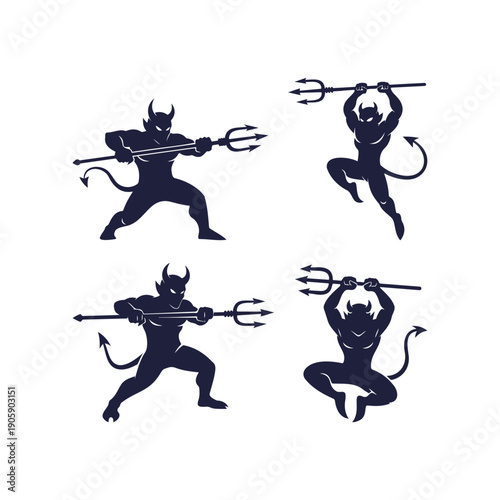 Devil Demon Cartoon characters wielding pitchforks, in dynamic action and combat poses, flat vector illustration.
