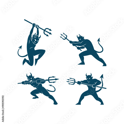 Devil Demon Cartoon characters wielding pitchforks, in dynamic action and combat poses, flat vector illustration.

