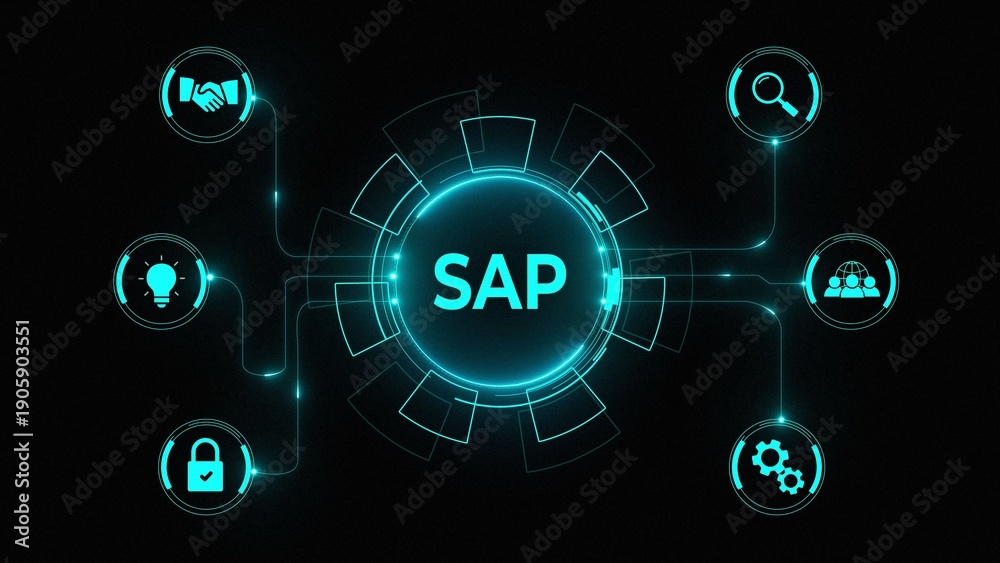 Obraz premium SAP System Software Automation concept on virtual screen data center. Business, modern technology, internet and networking concept. Glowing neon background, Motion graphics of 