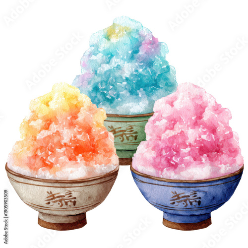 Colorful Shaved Ice Treats in Decorative Bowls on a White Background