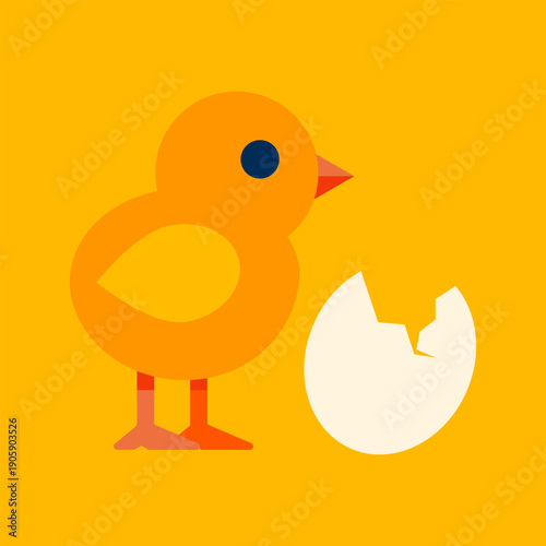 simple flat style illustration of a cute yellow chick standing next to a broken eggshell on a bright background, perfect for easter, farm, and children’s design.