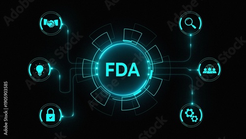 Photos FDA Concept with Connected Icons,Food and Drug Administration Network,Understanding FDA: Digital Representation,FDA Functions and Regulations Diagram