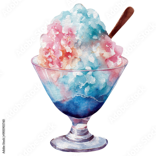 Colorful Shaved Ice Dessert in Elegant Glass Bowl with Spoon