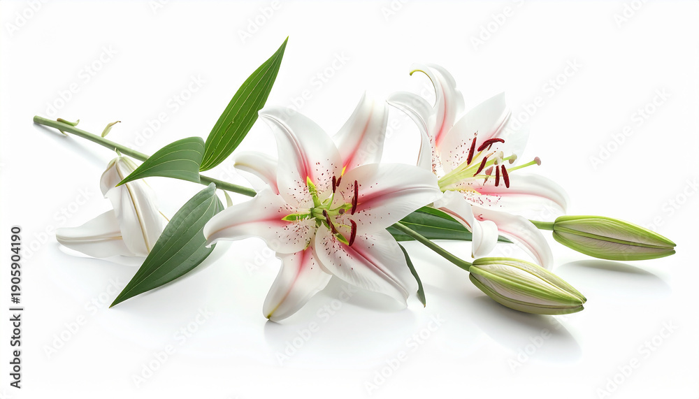 Obraz premium Elegant white lilies with green leaves and unopened buds on a clean white background