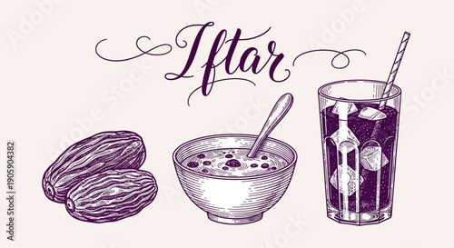 Traditional Iftar meal illustration featuring dates, soup, and refreshing drink in a serene setting from a straightforward viewpoint
