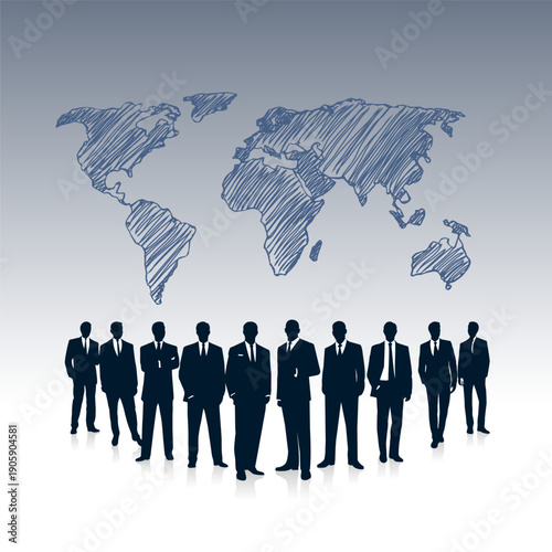 Group of business people in suits against the backdrop of a planet