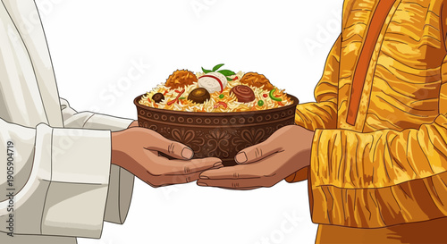 Two individuals exchanging a bowl of assorted food items, viewed from the front