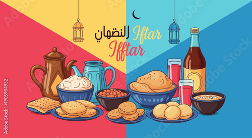 Traditional Iftar feast illustration featuring food, drinks, and cultural elements on a divided background with festive colors and lanterns