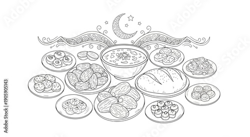 Traditional Middle Eastern Cuisine Illustration Featuring Various Dishes and Ramadan Elements