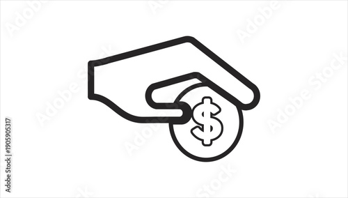 Simple line art illustration of a hand holding a coin with a dollar sign.