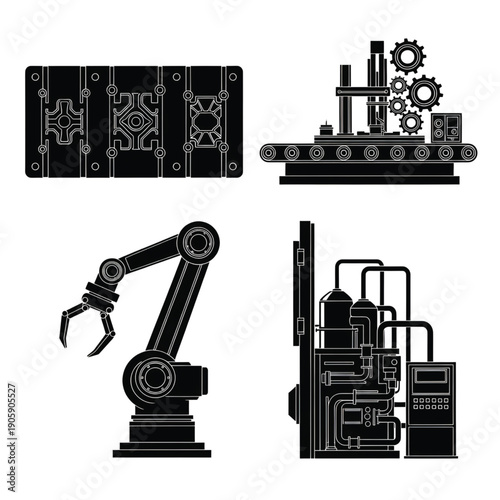 Industrial machinery and robotic arm illustrations showcasing technology and manufacturing processes