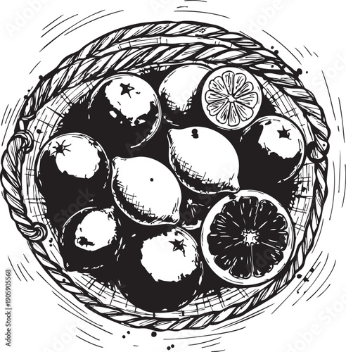 Black and white illustration of a basket filled with oranges and lemons.