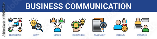 Business Communication web banner icon set collection solid style.