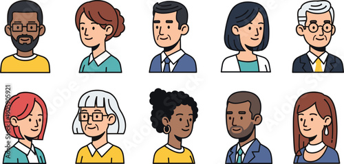 Diverse Cartoon Portraits: A Collection of Professionals for Business and Educational Use, Depicting Inclusion, Equality, and Teamwork in a Modern, Playful Style