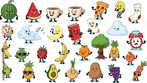 Cartoon Food and Object Characters on Blue Background: Whimsical Vector Illustration for Education, Kids' Designs, and Playful Creative Projects