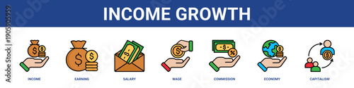 Income Growth web banner icon set collection solid style.