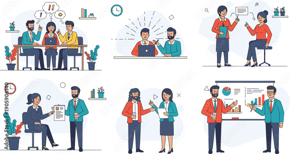 Fototapeta premium Diverse Team Collaboration: Business Professionals in Meetings and Presentations in a Flat Vector Style for Corporate Communications, Training Materials, and Website Illustrations