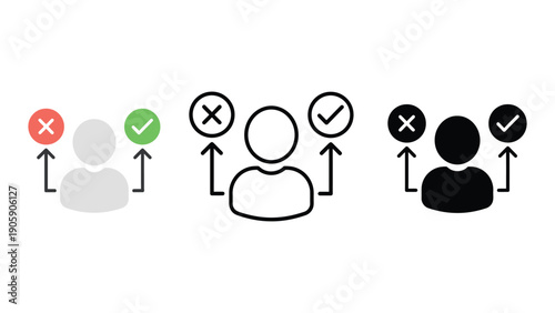 Three icons representing a choice between a red cross and a green checkmark.