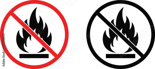 No Open Flame Prohibition Sign Set Featuring Red and Black Circular Crossed Out Fire Symbols for Workplace Safety Hazard Prevention and Industrial Warning Labels