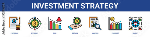Investment Strategy web banner icon set collection solid style.