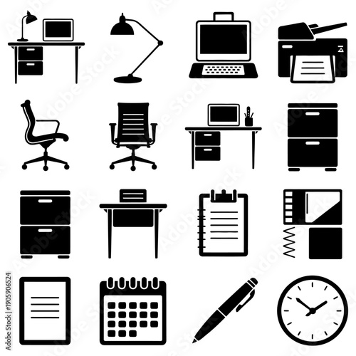 Office furniture and supplies flat icons set workspace interior equipment collection featuring desk chair computer filing cabinet clock calendar stationary items for workplace