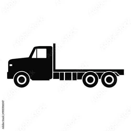 Simple black silhouette of a flatbed truck with visible wheels
