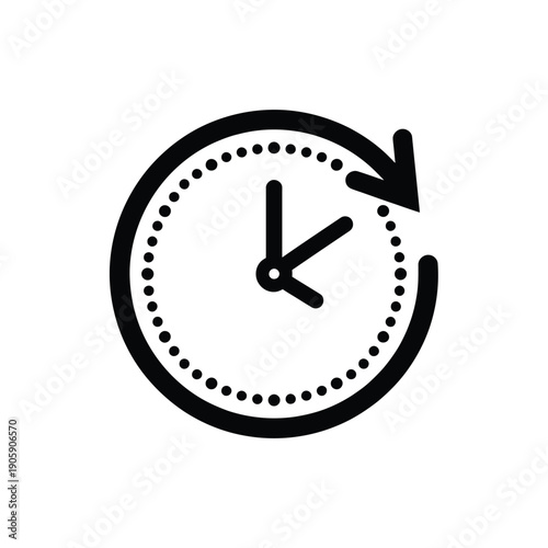 Simple black icon depicting a clock with a circular arrow