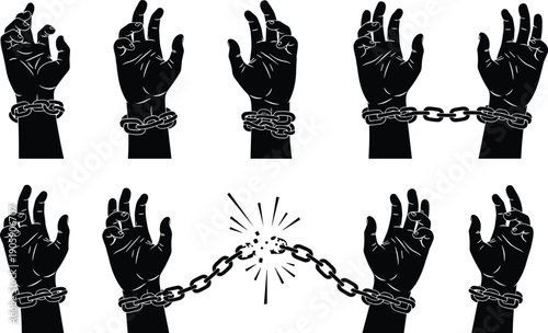 Black silhouette icons of human hands in metal chains and handcuffs including breaking free from shackles for freedom justice and human rights