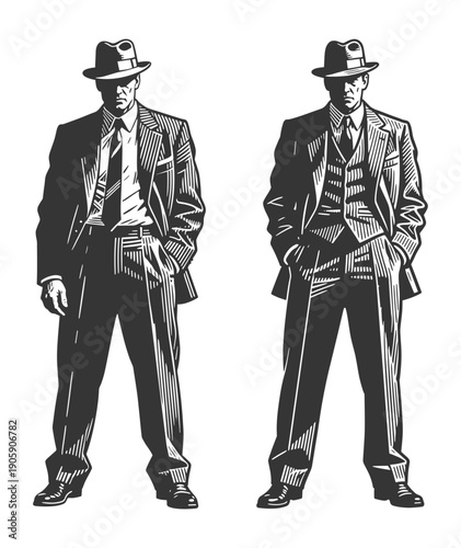 Two Standing Classic Noir Gangsters in Fedora Hats and Pinstripe Suits