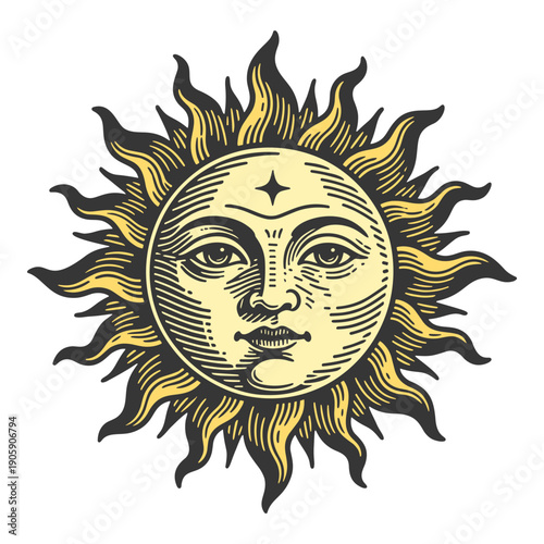 Vintage Smiling Sun Face with Radiant Rays in Engraving Style