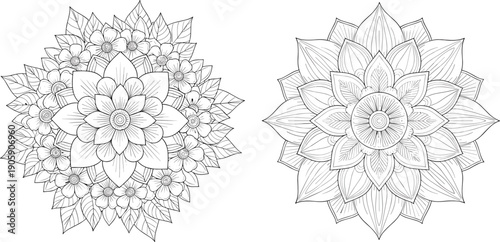 Set of Two Detailed Hand Drawn Floral Mandala Designs with Intricate Petals and Leaves for Adult Coloring Pages Meditation Mindfulness Zen Relaxation and Decorative Art