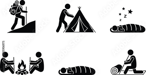 Black silhouette icons of hiking camping and outdoor activities including trekking pitching tent sleeping in bag sitting by campfire and rolling mat
