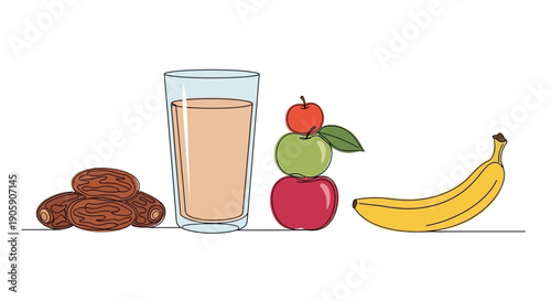 Healthy breakfast illustration featuring milk, almonds, fruits, and banana on a simple background from a straightforward viewpoint