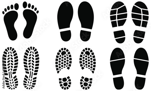 Various black footprints and shoe soles on white background, clean vector illustrations for tracking purposes, design elements, crime scene investigation, sports analytics, and creative digital