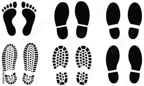 Various black footprints and shoe soles on white background, vector illustrations for design, tracking, forensic analysis, sports, fashion, and creative digital or print projects.