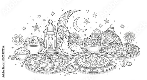 A serene Ramadan celebration scene with traditional foods, lantern, and crescent moon surrounded by stars and ornaments in a festive arrangement